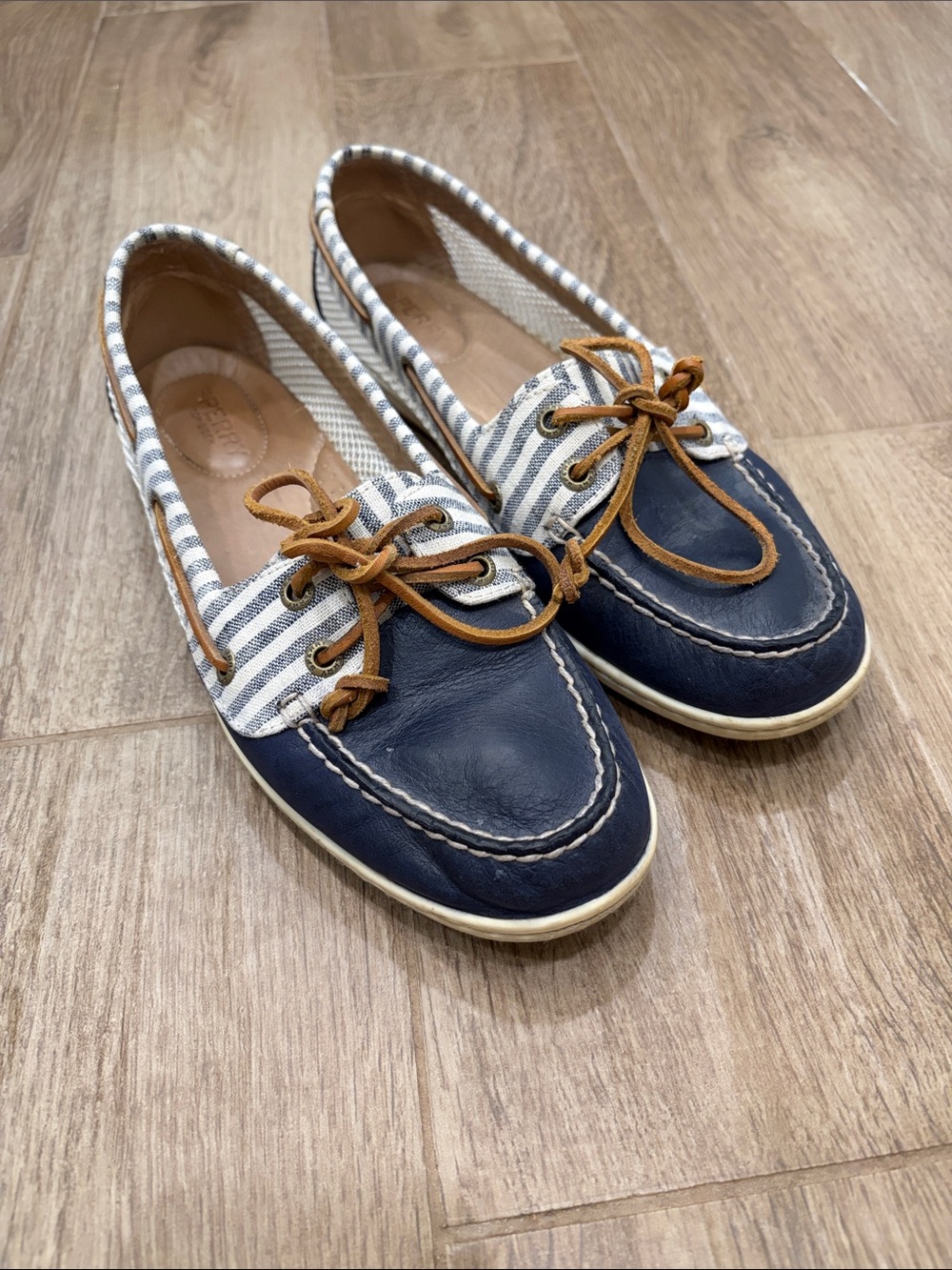 Sperry Navy and Tan Striped Moccasin Boat Shoes